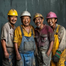 Four smiling construction workers with helmets and in work clothes stand together, group picture