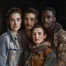Cosy group portrait of four young adults in casual clothes, group picture with people in work
