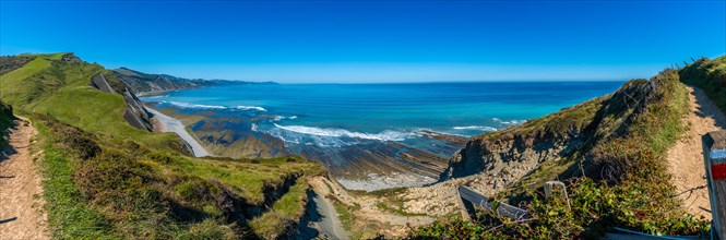 Beautiful panorama on the coastal path near the flysch of Zumaia, Gipuzkoa. Basque Country