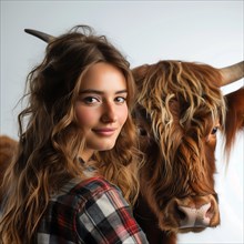 Smiling young woman stands next to a Scottish Highland cattle in a portrait, AI generated