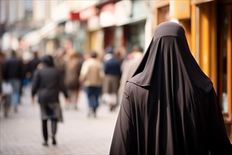 Back view of muslim woman with black burka in city street. KI generiert, generiert, AI generated