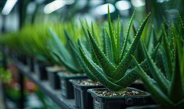 Aloe vera plants lining the shelves of a botanical shop AI generated