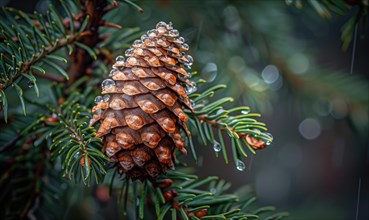 Close-up of a cedar cone nestled among the branches AI generated