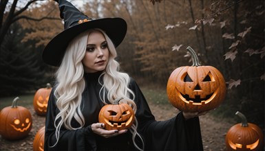 Beautiful young woman in black dress and hat on the background of Halloween pumpkins. ai