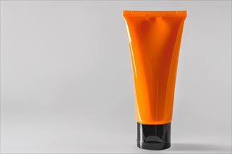 Orange sunscreen tube on white studio background with copy space. KI generiert, generiert, AI