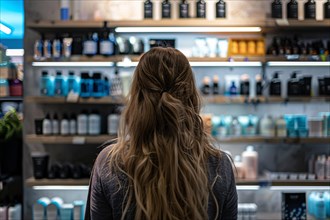 Young woman standing in front of shelves with cosmetic and makeup products in store. KI generiert,