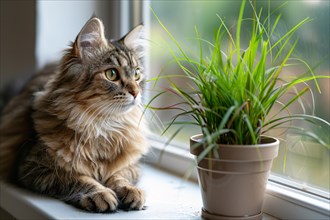 Cat with potted grass 'Cyperus Zumula' used for cats to help them throw up hair balls. KI