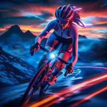 Cyclist on a racing bike with neon lights at night in a mountain environment, AI generated