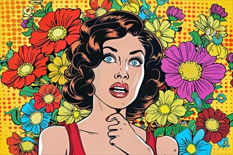 Thoughtful woman in pop art style in front of a background with colourful flowers and yellow dots,