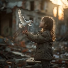 A girl in a winter jacket holds a pigeon in a destroyed neighbourhood, Destroyed houses, War, Dove