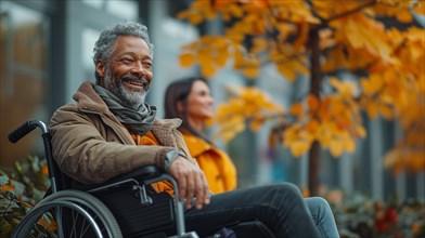Joyful senior man in a wheelchair enjoying a day out in autumn with a companion, AI generated