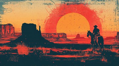 Western scene with cowboy riding towards a vivid, red sky sunset in a quiet desert, ai generated,