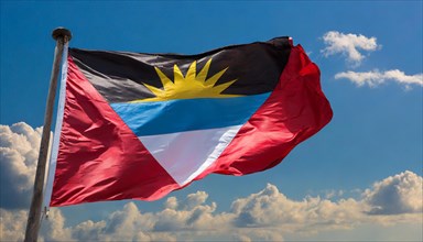 The flag of Antigua flutters in the wind, isolated against the blue sky