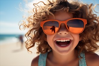 Laughing happy child with sunglasses at beach. KI generiert, generiert, AI generated