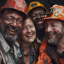 Cheerful workers share a moment of joy on the construction site, group photo with international