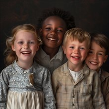Four smiling children in bright outfits, radiating joy and light-heartedness, group picture with