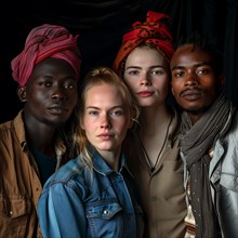 Four serious looking young people with coloured headscarves stand together for a group portrait,