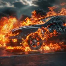 A sporty car is surrounded by intense flames that create dynamics and a gloomy atmosphere, AI