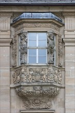 Historic bay window with ecclesiastical coats of arms and figures, Ebrach Monastery, Ebrach, Lower