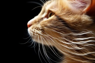 Side view of cat with long whiskers on black background. KI generiert, generiert, AI generated