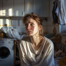 Sad-looking woman in a sunlit room full of clutter, no desire to tidy up, AI generated