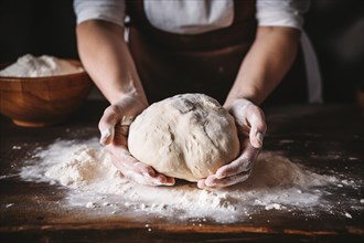 Close up of man's hands kneading dough for bread baking. KI generiert, generiert, AI generated