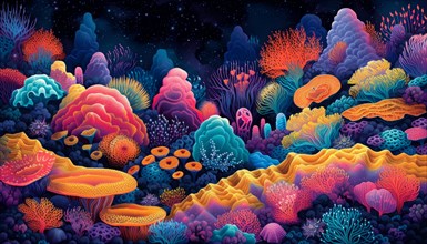 Artistic rendering of a vibrant underwater coral reef scene in neon colors, AI Generated, AI