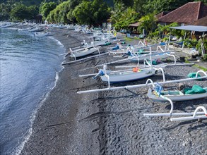 Fishing boats on the beach of Jemeluk, Amed, Karangasem, Bali, Indonesia, Asia