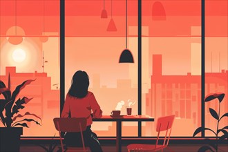 A woman sits in a cafe with a view of the city skyline at sunset, AI generated, AI generated