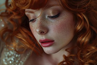 Face of beautiful woman with freckles, red hair and closed eyes. KI generiert, generiert, AI