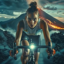 Cyclist in front of the backdrop of an active volcano, the twilight intensifies the dramatic scene,