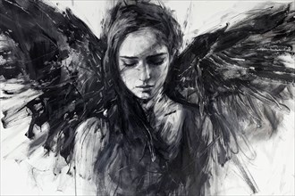 Image of a young woman with a raven, both surrounded by darkness and light, AI generated, AI
