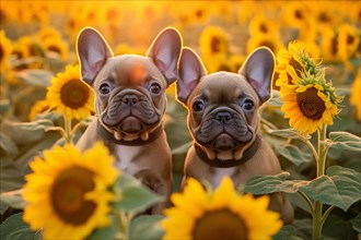French Bulldog dogs in field of sunflowers in summer. KI generiert, generiert, AI generated