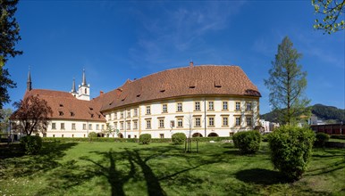 Goess Abbey, collegiate church, former monastery of the Benedictine nuns, panoramic view, Leoben,
