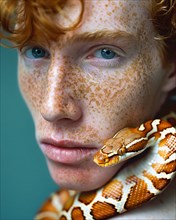 Portraying a compelling interaction, a caucasian male person with freckles holds a snake around the