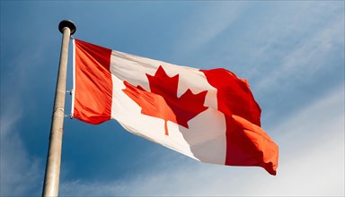 The flag of Canada flutters in the wind, isolated against a blue sky