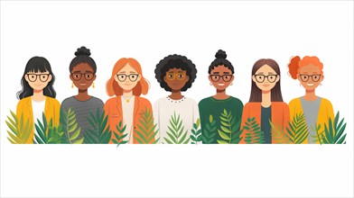 Illustrated diverse group of women standing side by side with botanical elements, AI generated
