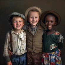 Three children smiling in retro clothes and accessories, evoking a nostalgic feeling, group picture