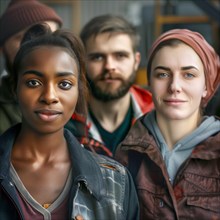 Four young adults with serious features stand together, showing diversity and co-operation, group