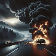 A car burns at night on a forest road, massive smoke development, AI generated