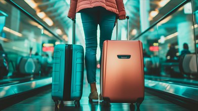 A woman is going to the flight gate on a travelator with her luggage at the airport. AI generated