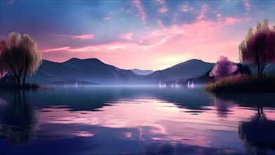 AI generated illustration of a serene lake with reflections on the surface replaced with shimmering