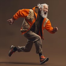 Old man in orange-brown clothing jumps dynamically with outstretched arms in front of a brown