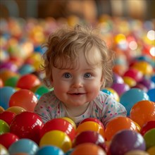 Cheerful baby smiling in a ball pit with a playful atmosphere and bright colors, AI Generated, AI