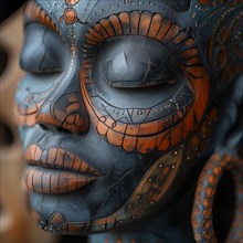 Close-up of a blue and bronze tribal mask with intricate designs, AI Generated, AI generated