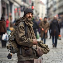 A homeless man with several rucksacks looks into the camera with a hint of hope in his eyes, AI