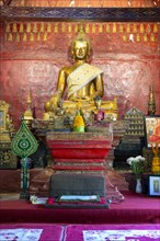 Golden Buddha statue, Bhumispara-mudra, Buddha Gautama at the moment of enlightenment, Wat Long