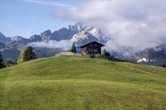 Hill with wooden house, Eckbauer, Werdenfelser Land, Garmisch-Partenkirchen, Upper Bavaria,
