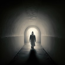 Silhouetted person in a hooded cloak walks towards light at the end of a dark tunnel, AI generated