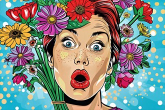 Surprised woman in pop art style surrounded by colourful flowers and dot pattern background, AI